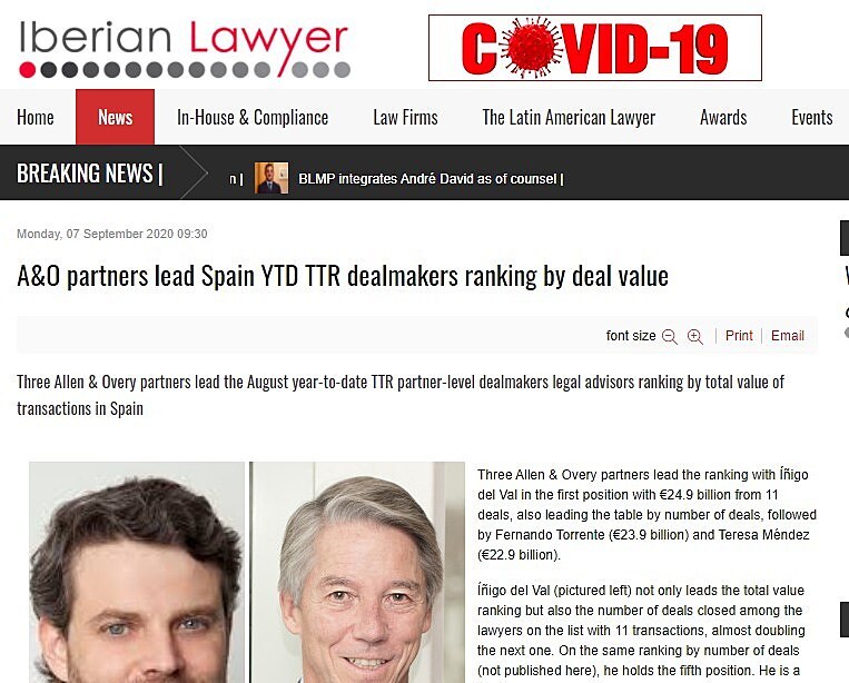 A&O partners lead Spain YTD TTR dealmakers ranking by deal value